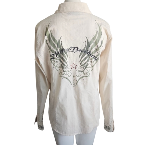 HARLEY DAVIDSON Ladies Vintage Crystal Embroidered Fitted Tan Shirt Size Large - Picture 4 of 12